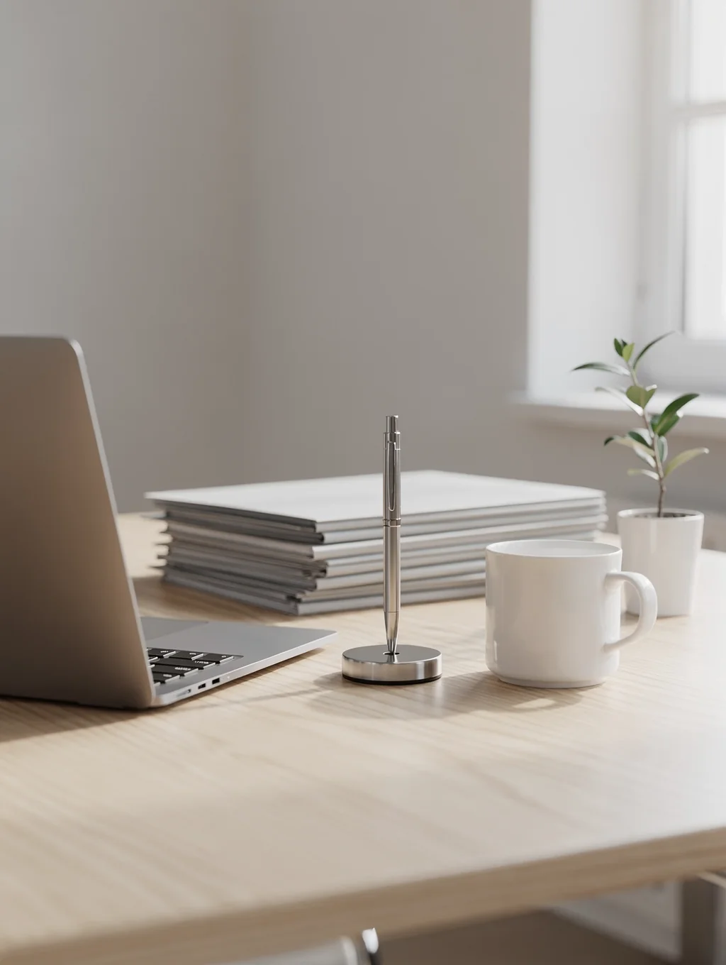 Organised executive workspace with linen notebook and soft botanical greenery